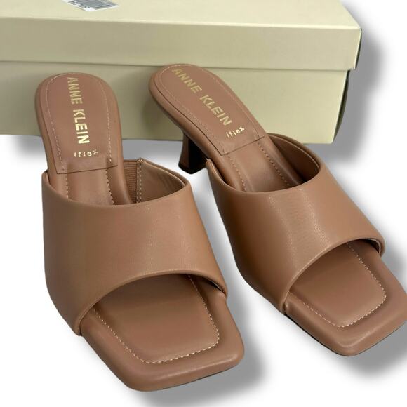 NEW Anne Klein Tan Mules Size 8 Jerilyn Square Toe High Heel Sandals Light Brown - Picture 6 of 14
